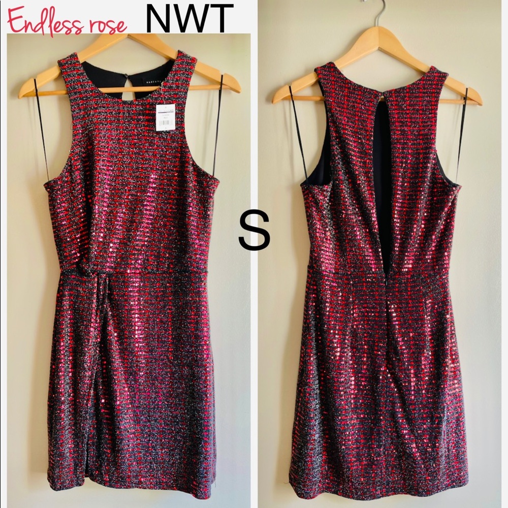 NWT cherry red sequined party dress cocktail mini side slit cut out back black